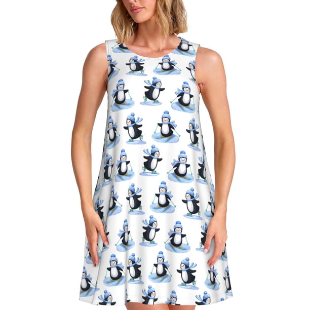 Balery Skiing Penguin Funny Vestidos de verano para mujer con estampado: vestido holgado sin mangas, vestido playero informal y cómodo para días calurosos.