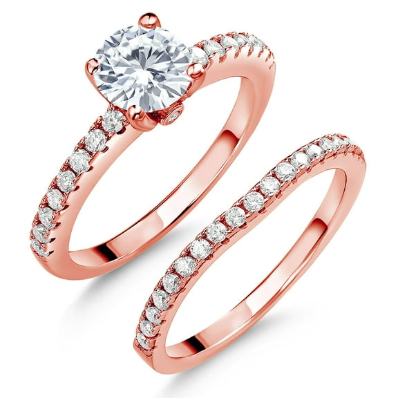 Gem Stone King 18K Rose Gold Plated Silver White Moissanite Wedding Engagement Band Bridal Set Ring for Women 1.29 Cttw (Size 7)
