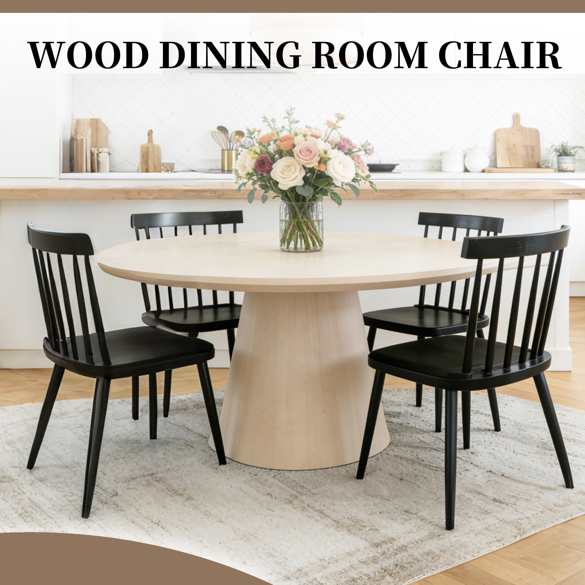 ClinQ Wooden Windsor Dining Chair Set of 4，Modern Classic Armless Kitchen Side Chairs with Sturdy Iron Legs for Dining Room, Black