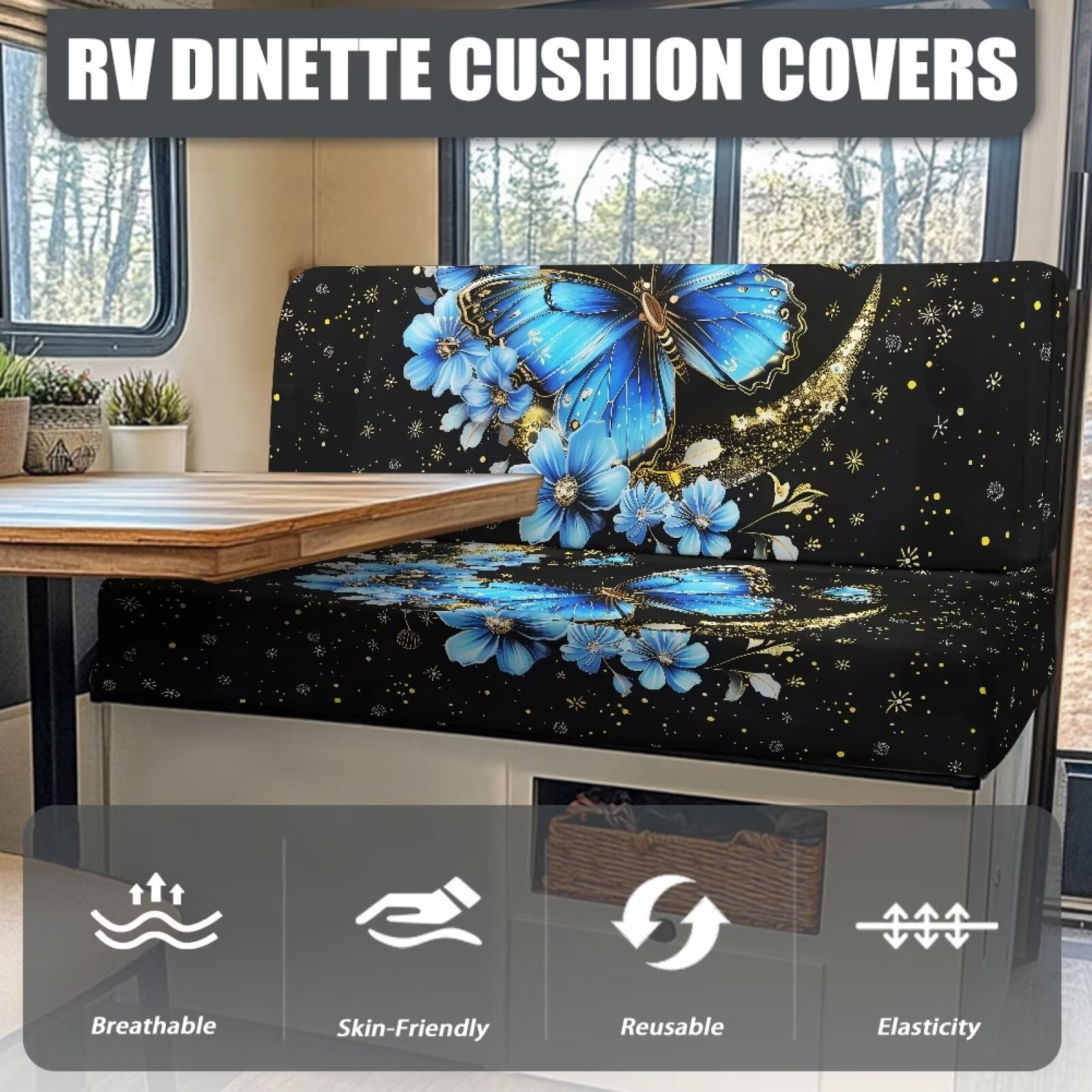 XYZCANDO Butterfly Moon RV Dinette Cushions Stretchable Camper Accessories Universal Bench Seat Cover Stylish Camper Decor Couch Cover 2 Cushion Sofa 1 Backrest Cover and 1 Bench Cover Black