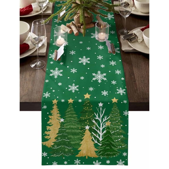 Table Runner Dresser Scarves 90 Inch Long,Christmas Tree on Green Linen Dining Table Runners