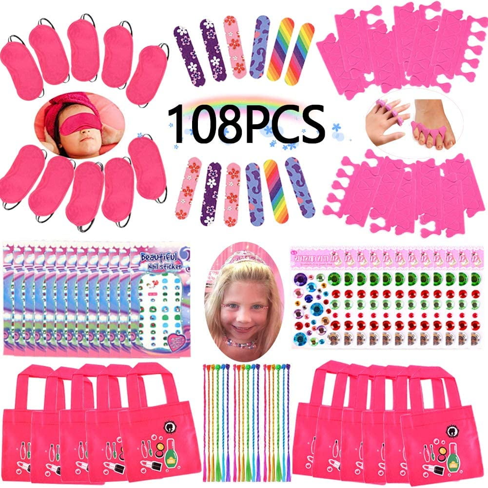 Spa Party Favors for Girls Multiple Spa Party Supplies- (12 Tote Bags, 12 MINI Emery Boards,12 Colored Hair Clip Braids, 24 Toe Separators, 12 Body Jewels, 12 Unicorn Nail Decal Sets) with 1 or More S