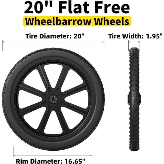 20 Inch Flat Free Wheelbarrow Wheels Compatible with rubbermaid Wheelbarrows Cart Tires, 5/8" Bearings and 3/4" Bearings, Replacement Wheelbarrow Wheels Garden Yard Carts, 400Lbs, 2Pack Black
