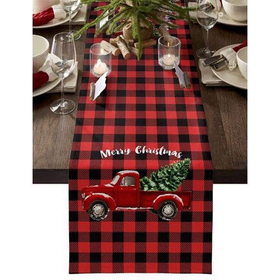 Christmas Table Runner Red Truck Christmas Tree Table Runners Black Buffalo Plaid Cotton Linen Dresser Scarf Kitchen Dining Table Decor for Christmas Holiday Party Decor 13x72 Inch