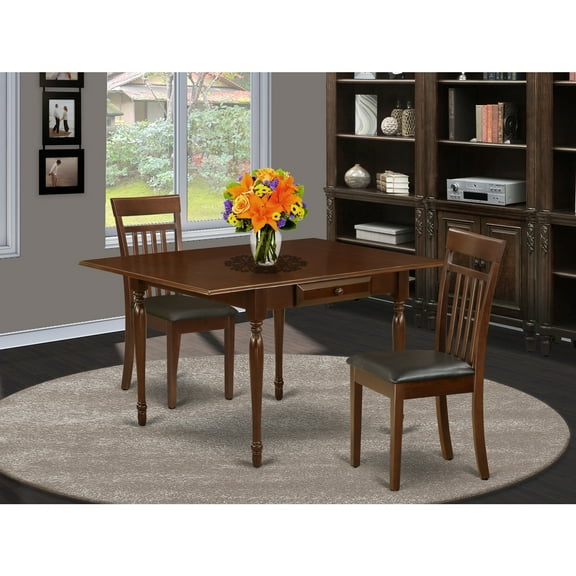 Modern 3pc Dining Set - Table & 2 Chairs - Mahogany Finish - Drop Leaf Kitchen Table