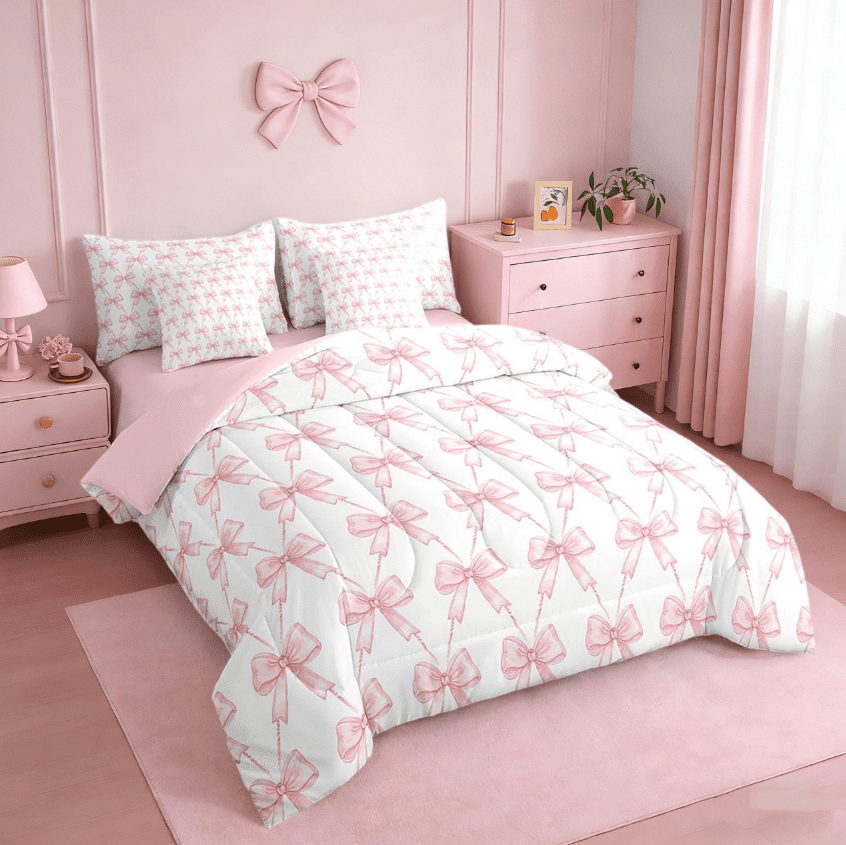 Manfei Kawaii Bow Bedding Comforter Set 7 Pieces,Girls Bow Knot Full Bedding Set,Pink White Fitted Sheet Flat Sheet,Breathable Bedroom Decorative,Reversible
