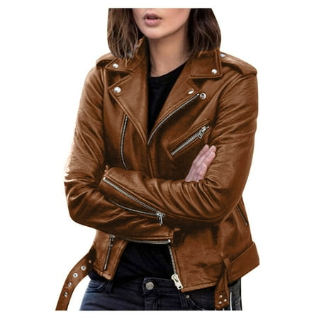 

Womens Fall Winter Coats Cool Faux Leather Jacket Long Sleeve Zipper Fitted Coat Short Jacket for Corset Tops Outdoor Lightweight Outerwear Raincoats Casual Water-Resistant Pockets Puffer Coat