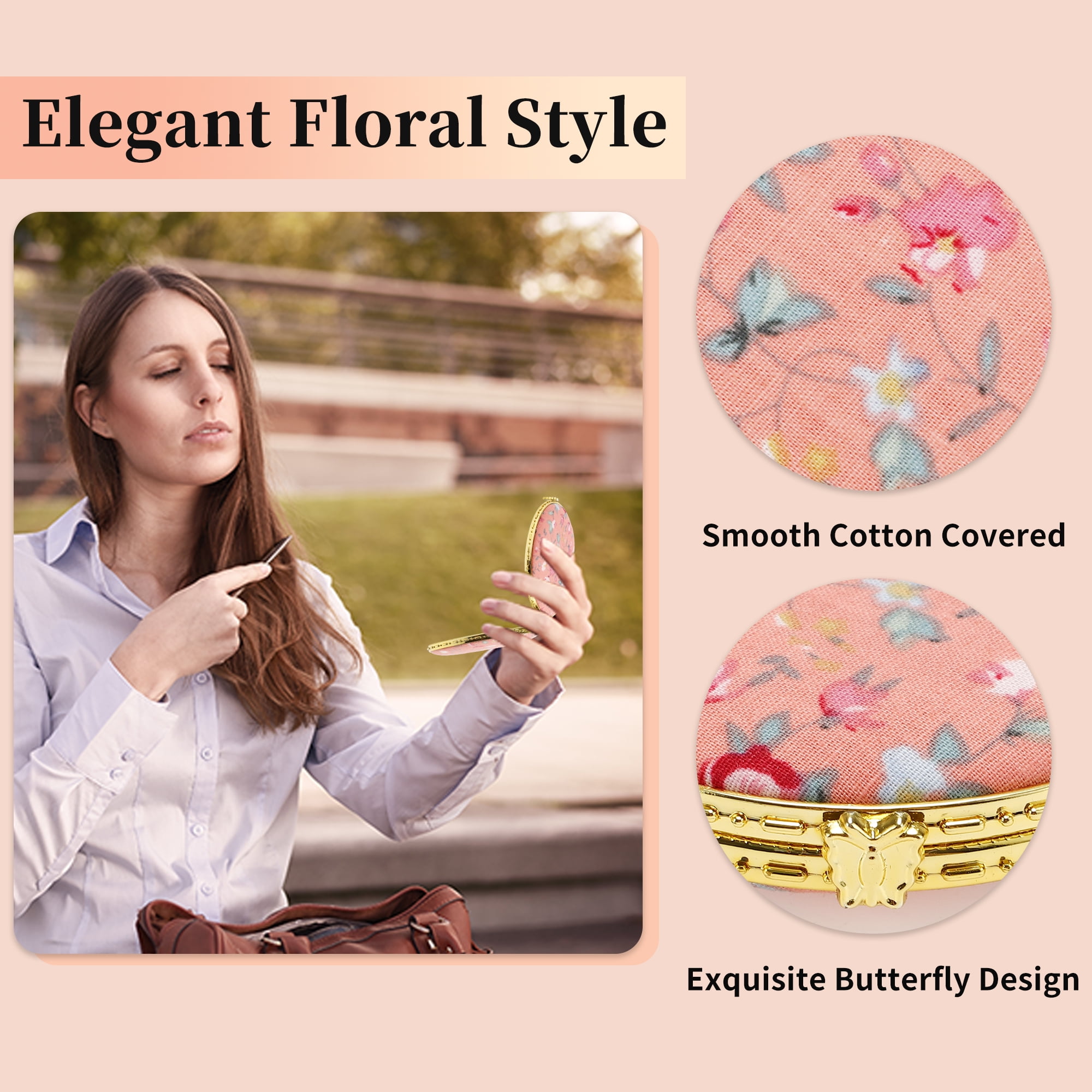 Unique Bargains Round Mini Floral Mirror for Women Purses Pocket Pink