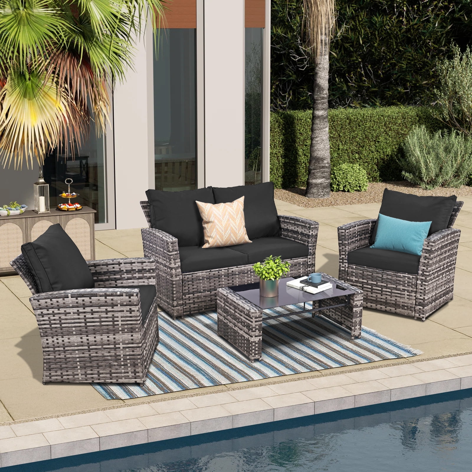 4 Piece Outdoor Patio Furniture Set,Wicker Conversation Sets Outdoor Sectional Patio Sofa Couch with Cushions & Coffee Table for Outside, Garden, Balcony, Porch,Grey/Black