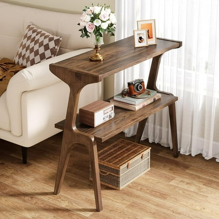 Finmind Narrow End Table, 2-Tier Farmhouse Sofa Side Table with Solid Wood Legs & Storage Shelf for Living Room, Rustic Brown