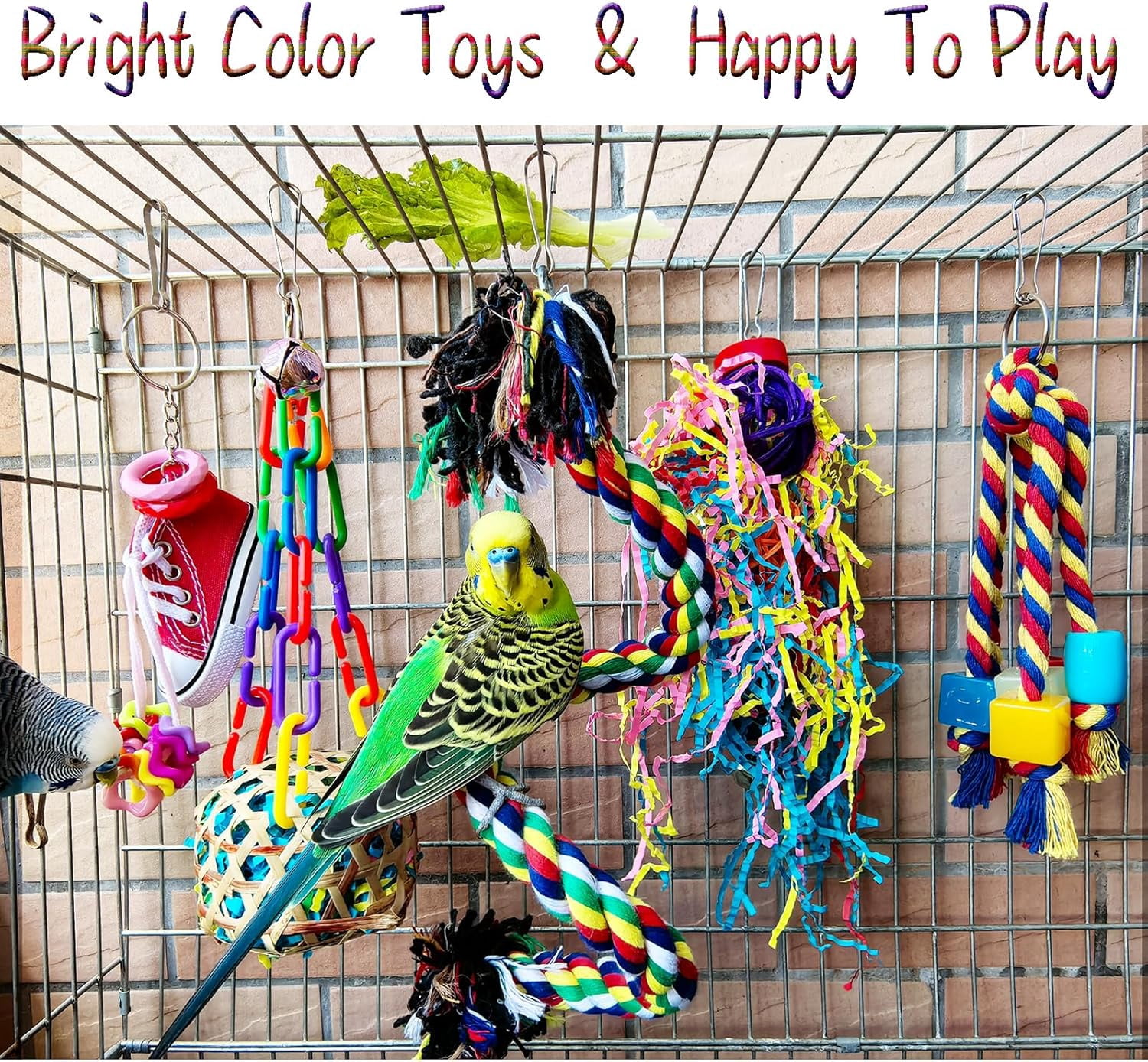 Bird Toys for Parakeet, Parrot Conure Chewing Shredding Foraging Toys with Rope Perch, Bird Cage Accessories for Cockatiel Budgies Lovebird