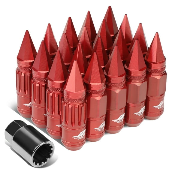 J2 Engineering LN-T7-012-125-RD J2 Engineering 7075 -T6 Forged Aluminum M12 x 1.25 16Pcs 80mm Height Spiky Cap Lug Nut Set w / 4Pcs Lock+Key Red