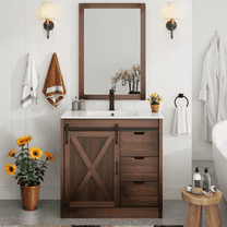 ChVans Farmhouse Bathroom Vanity with Sink & Faucet & Mirror, 36" Large Bathroom Vanity Cabinet Set with 3 Drawers and Sliding Barn Door, Freestanding Single Bath Storage Vanity Ceramic Sink,Brown