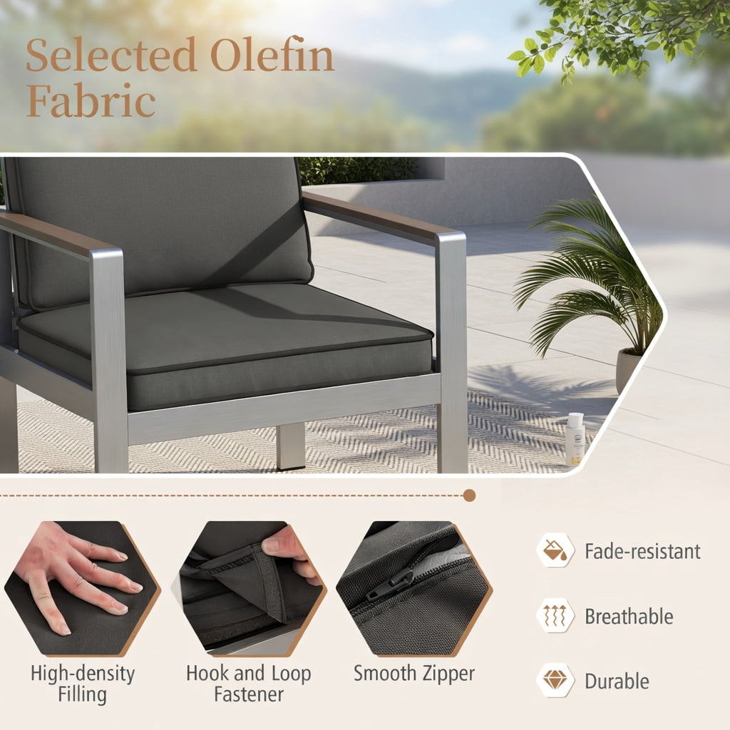 Hommoo Modern Aluminum Outdoor Sofa Chair with WPC Armrests, Olefin Cushions & Ergonomic Support, Lightweight, Weather-Resistant Patio Seating, Gray
