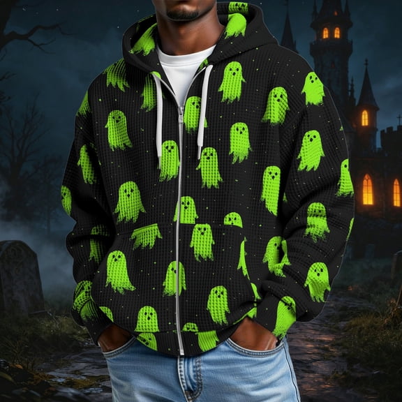 Men Halloween Full‑Zip Hoodie, Waffle‑Textured Long Sleeve Hooded Sweatshirt with Pockets