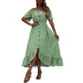 thumbnail image 2 of VISgogo Vestido de mujer, estampado floral, hombros descubiertos, manga corta, decoración de botones, dobladillo con volantes, vestido de blusón VISgogo  moda, 2 of 9