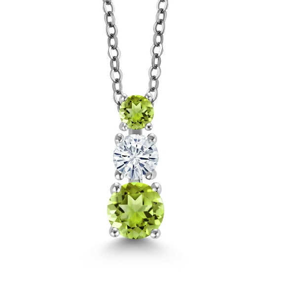 Gem Stone King Green Peridot and White Moissanite 3 Stone Pendant Necklace for Women (0.90 cttw, Gemstone Birthstone, Round 5MM, 4MM and 3MM, with 18 inch Chain)