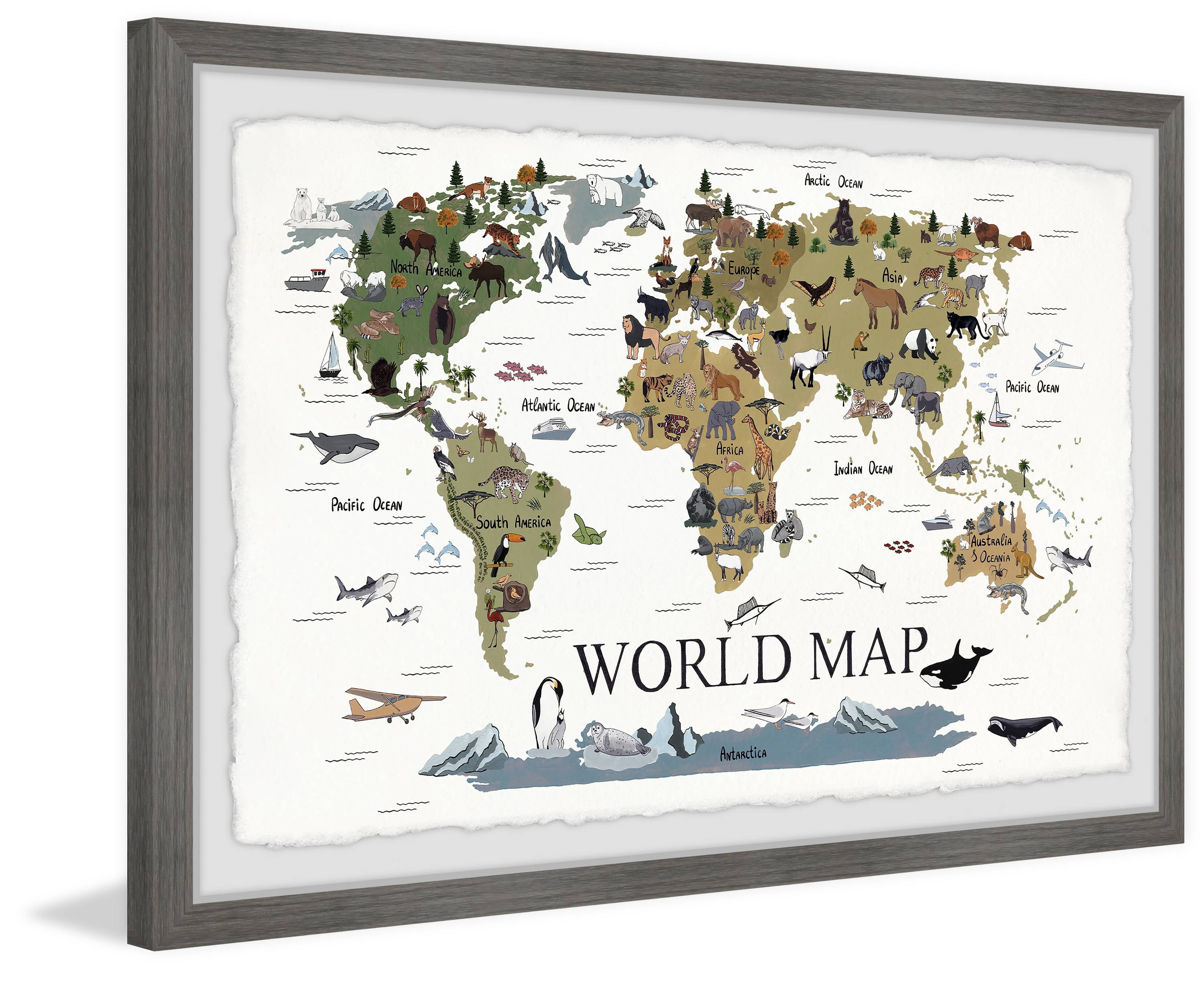 Marmont Hill World Map of Animals Framed Wall Art