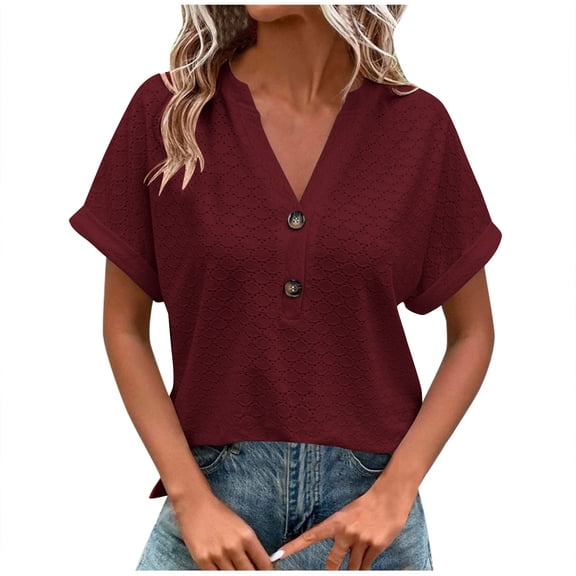 bnaln Womens Tops Summer Babydoll Short Sleeve Shirts Casual Button V Neck T Shirts Hollow Out Eyelet Tunic Blouse Loose Fit Tees Shirt Fall Trendy Dressy Pullover Y2K Going Out Tops