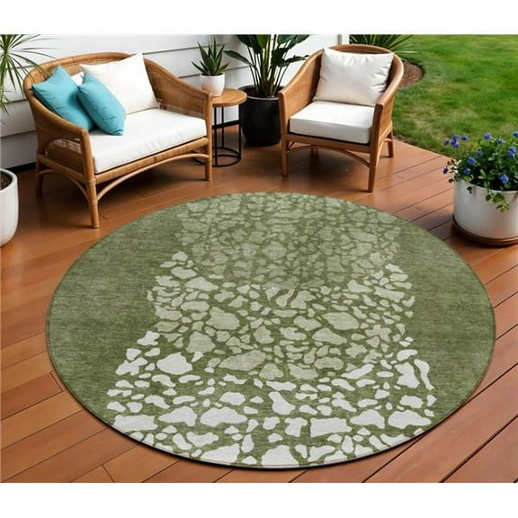 HomeRoots 579813 8 ft. Round Abstract Washable Indoor & Outdoor Area Rug, Olive Green & Artichoke Green