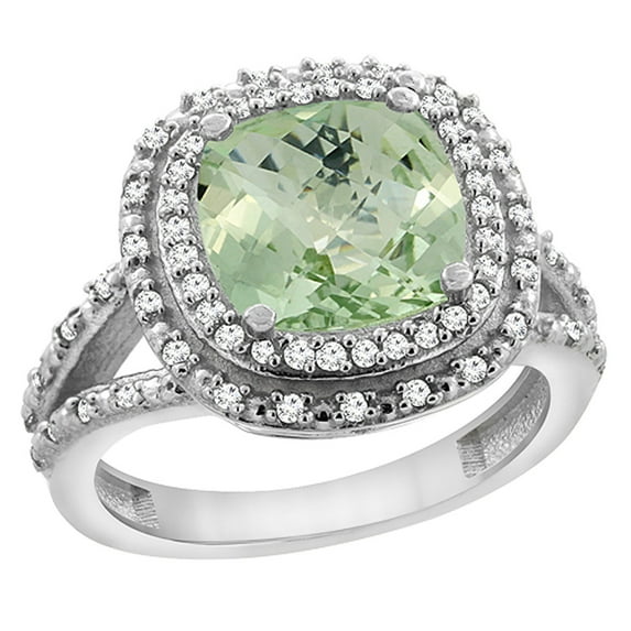 14K White Gold Natural Green Amethyst Ring Cushion 8x8 mm with Diamond Accents, size 6.5
