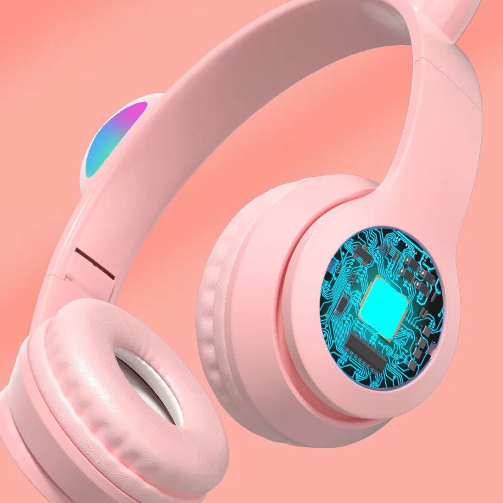 Kids Headphones, Cat Ear Wireless Headphones, LED Light Up Bluetooth over on Ear Purple Headphones for Toddler Boy Girl Teen Children With Microphone,Pink