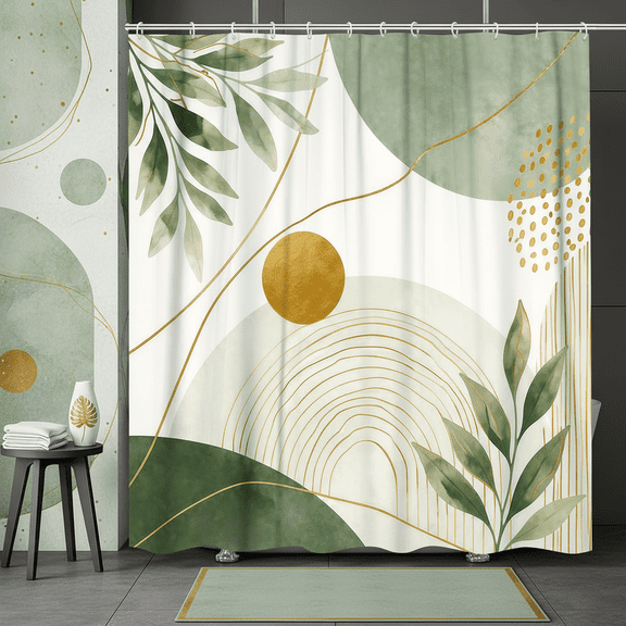 VEIVIAN Sage Green Shower Curtain, Modern Abstract Gold Leaves Bathtub Curtains,Boho Aesthetic Decor for Bathroom,69X70 in