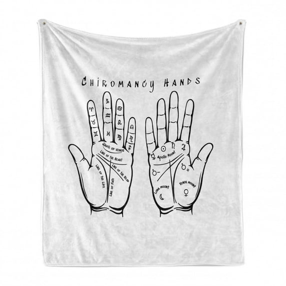 Palmistry Soft Flannel Fleece Blanket, Chiromancy Hands Typography with Palms and Cosmic Signs Reading Destiny, Cozy Plush for Indoor and Outdoor Use, 50" x 70", Charcoal Grey White, by Ambesonne