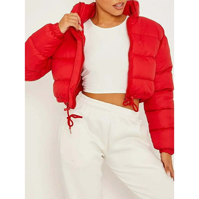DanceeMangoos Women's Winter Cropped Puffer Jacket Zip-Up Stand Collar  Drawstring Hem Quilted Puffy Short Down Coat