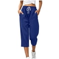 thumbnail image 3 of VBVC Women's Drawstring Waffle Cropped Pants , Summer Straight Leg Trousers For Women , Ladies' Casual Loose Capris with Pockets, Blue , S-2XL, 3 of 9