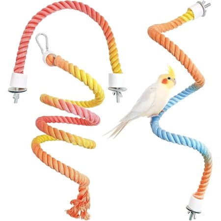 DFORD Bird Rope Perch with Stand Perch Toy Set Bendable Rope Perches Wooden Spinning Exercise Wheel Toy Parrot Cage Accessories for Parakeets, Conures, Lovebirds, Budgies, Cockatiels (Rainbow Color)