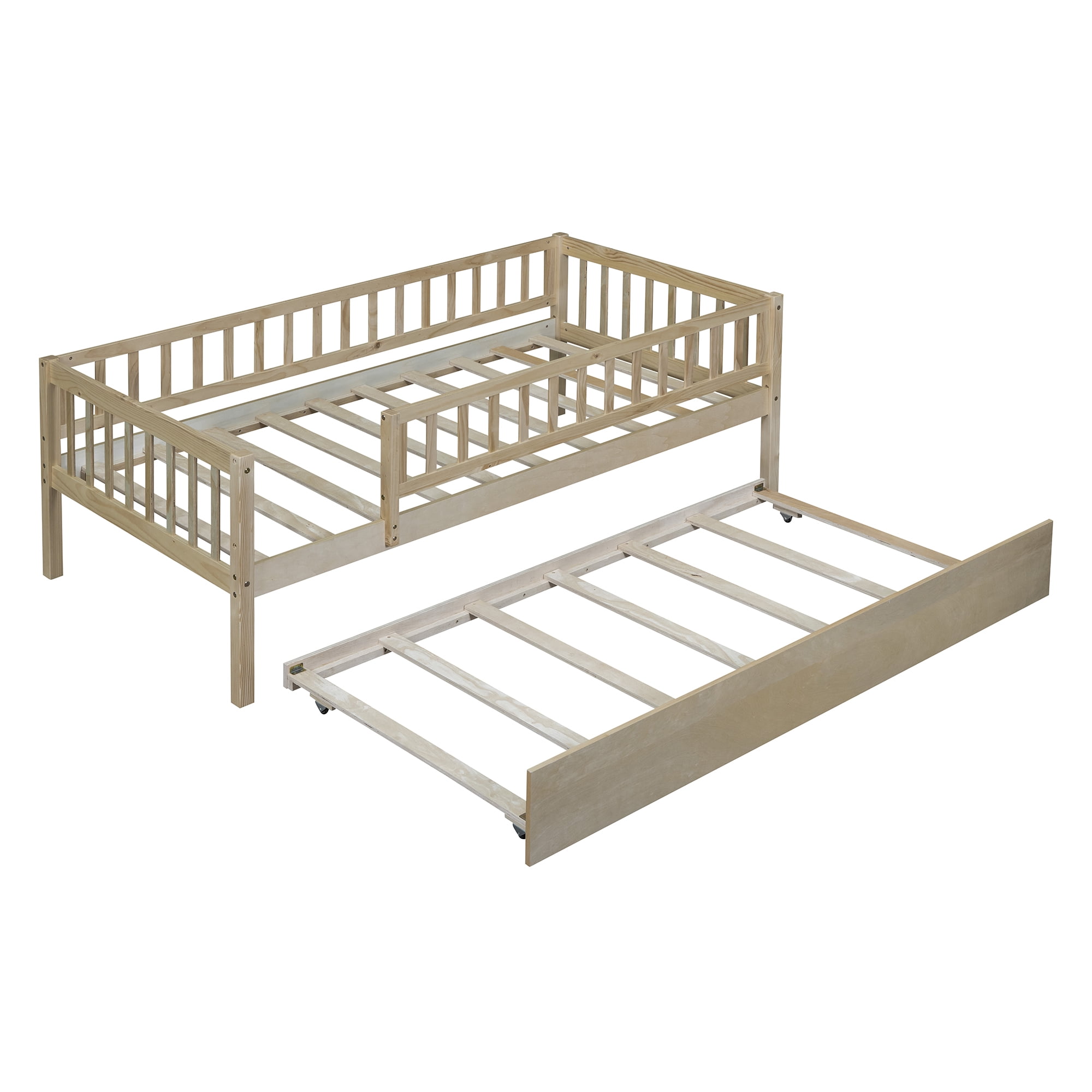 Holaki Twin Size Wood Bed with Trundle and Guardrails for Kids, Natural