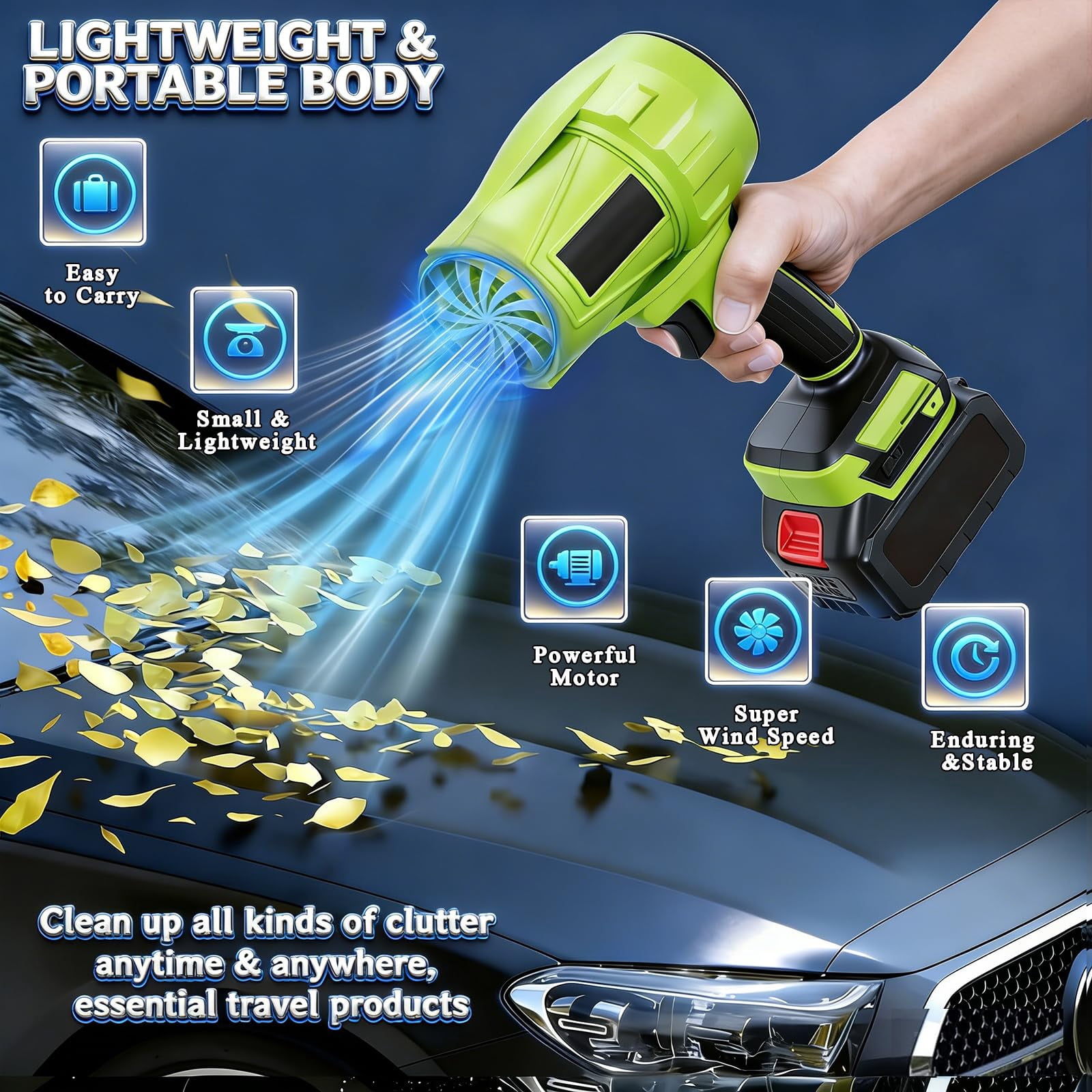 Blower Turbo Jet Leaf Blower, Cordless Handheld Electric Blower, 1000 G, 1200 Cfm 200 mph, with Battery & Case, for Car Drying, Lawn, Garage & Snow Removal (2 Battery)