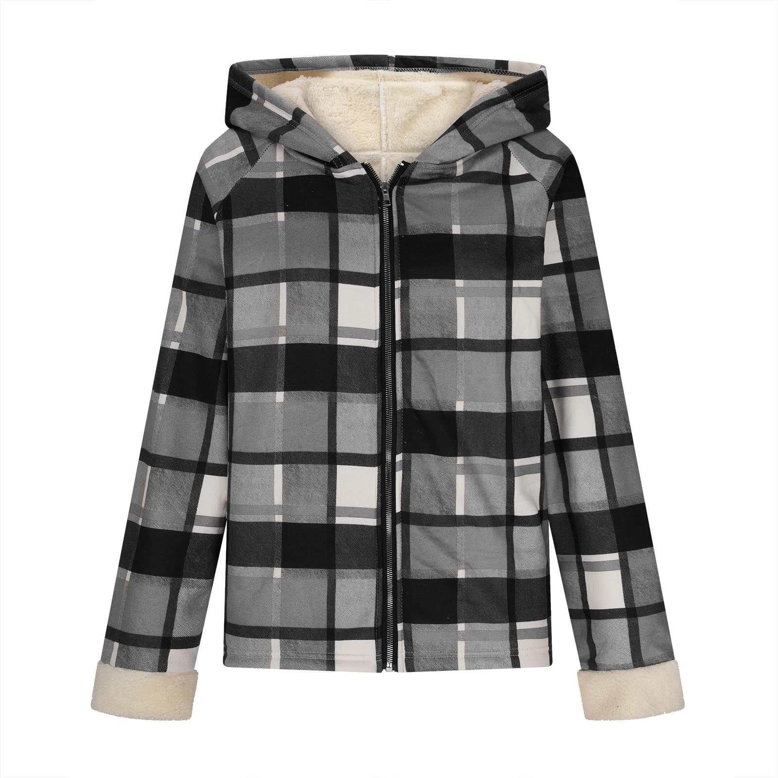 Womens Winter Coats Plaid Woolen Full-zip Hooded Jackets with Sherpa Lined Thick Warm Faux Shearling Outerwear (L, Gray)