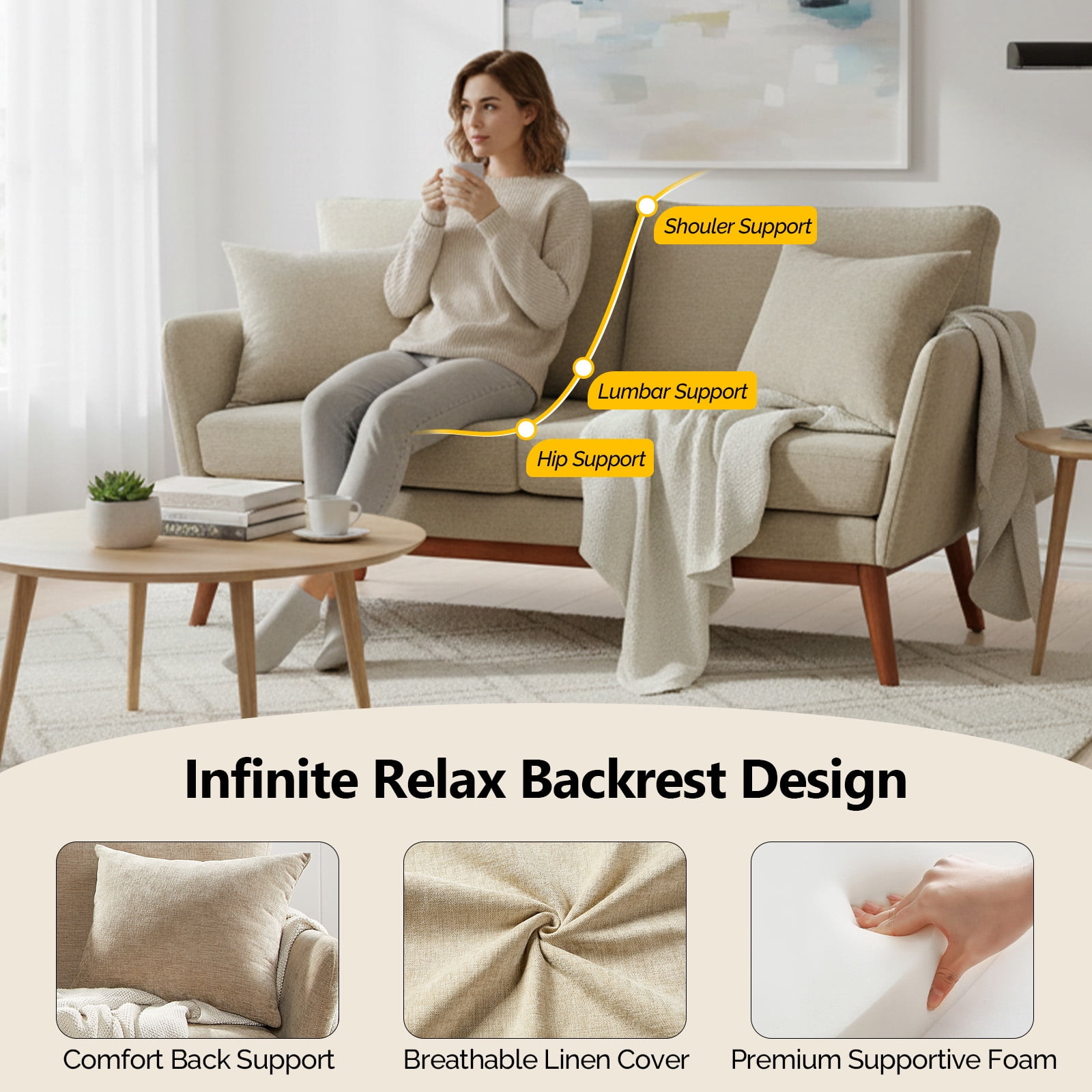 Ktaxon Mid-Century Modern Loveseat, Linen Blend 2-Seater Sofa, Solid Wood Frame Couch for Living Room, Apartment Beige