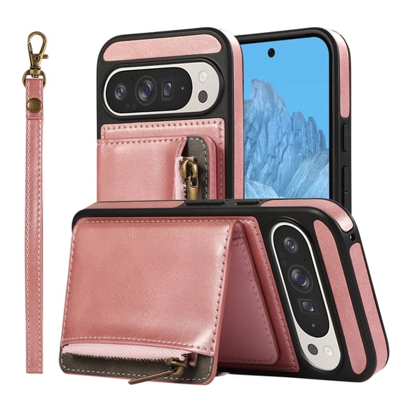 Allytechgroup Google Pixel 9 Pro XL Wallet Case with Card Holder, Retro PU Leather Shockroof Hand Strap Drop Protection Durable Phone Case for Women Men, Pink