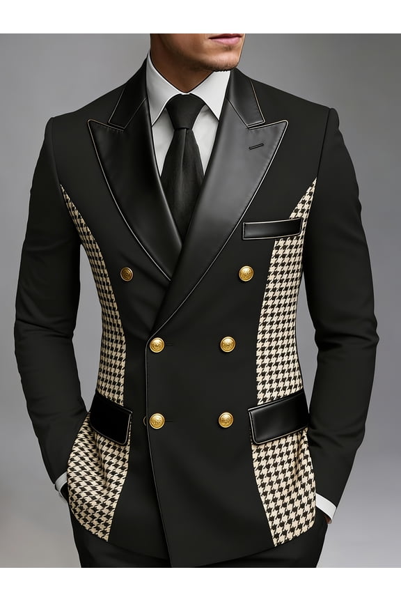 Men's Black Houndstooth Double-Breasted Blazer, Slim Fit Leather Peak Lapel Gold Button Formal Suit Jacket for Weddings, Banquets & Events