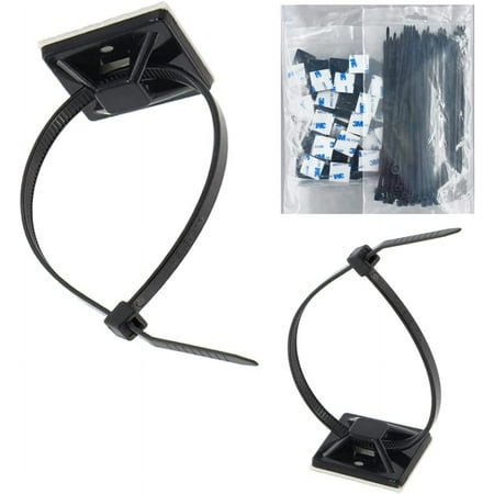 1" Strong Self Adhesive Cable Zip Tie Mounts with 8 Inch Zipties, 100 Pcs - Black UV Protection, Outdoor