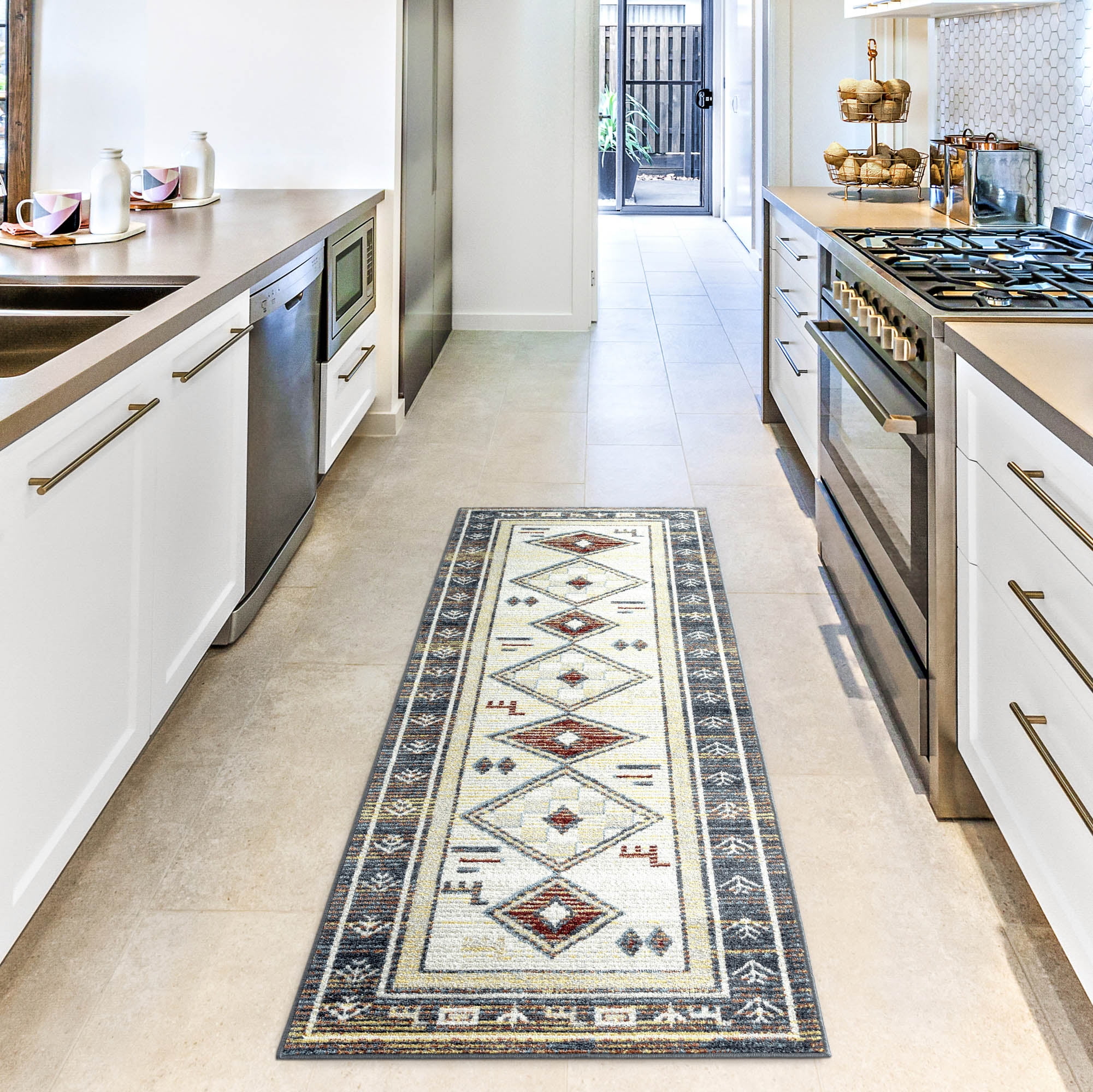 Everwash™ Treasure Southwestern Geometric Machine Washable Runner Area Rug, Beige/Blue, 2'2"x7'2"