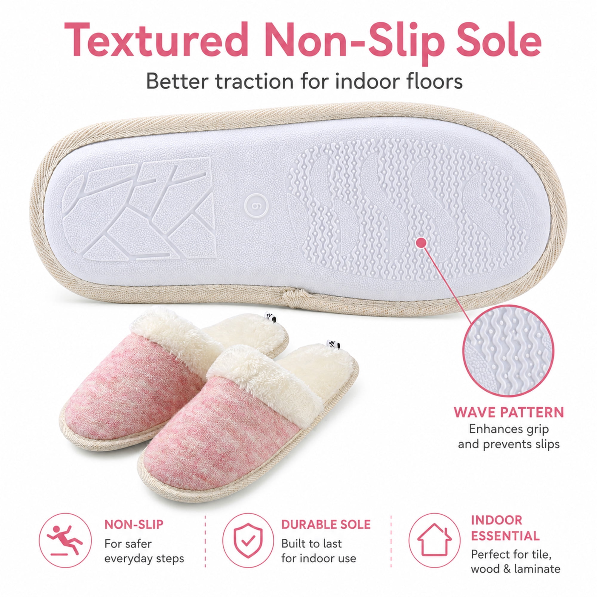 Aerusi Women’s Memory Foam House Slippers, Soft Plush Indoor Outdoor Scuff Shoes with Non-Slip Sole, Pink