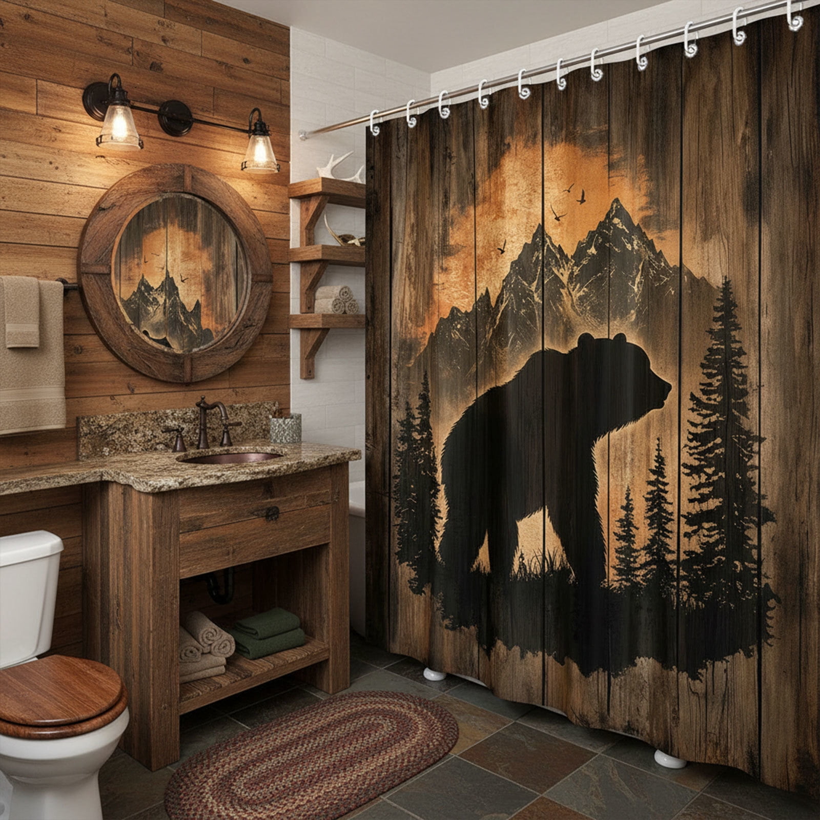 Rustic Cabin Shower Curtain for Bathroom, Forest Bear Wooden Bath Curtains, Wildlife Country Hunting Camping Waterproof Fabric Bathroom Curtain Accessories Set with Hooks, 72x72 Inches
