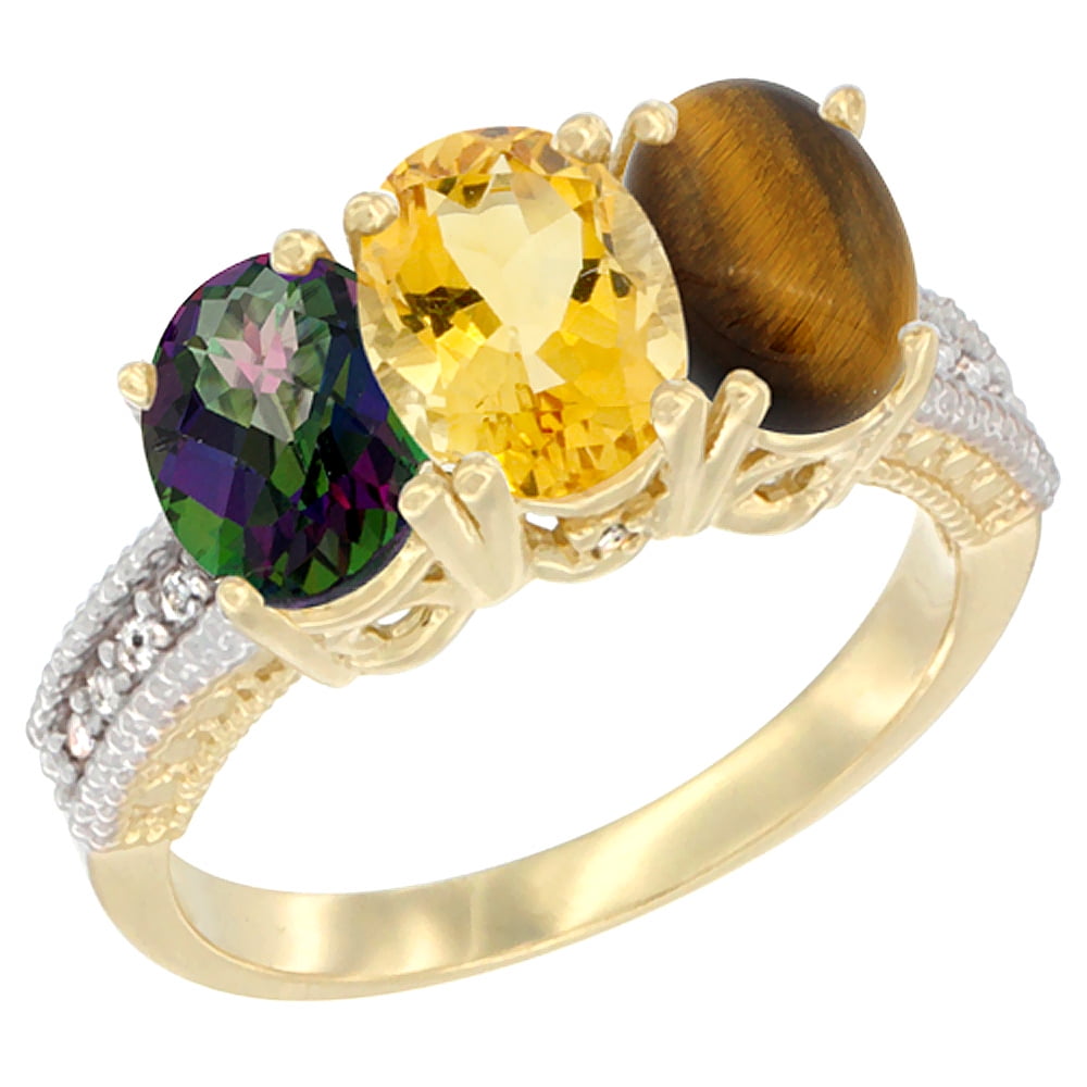 10K Yellow Gold Diamond Natural Mystic Topaz, Citrine & Tiger Eye Ring 3-Stone 7x5 mm Oval, sizes 5 10 by WorldJewels