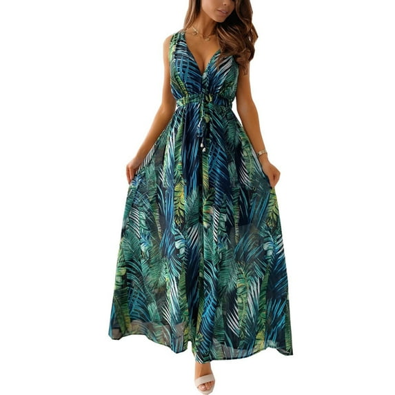 Seyurigaoka Women Summer Sleeveless Dress Backless Leaf Print V-neck One-piece