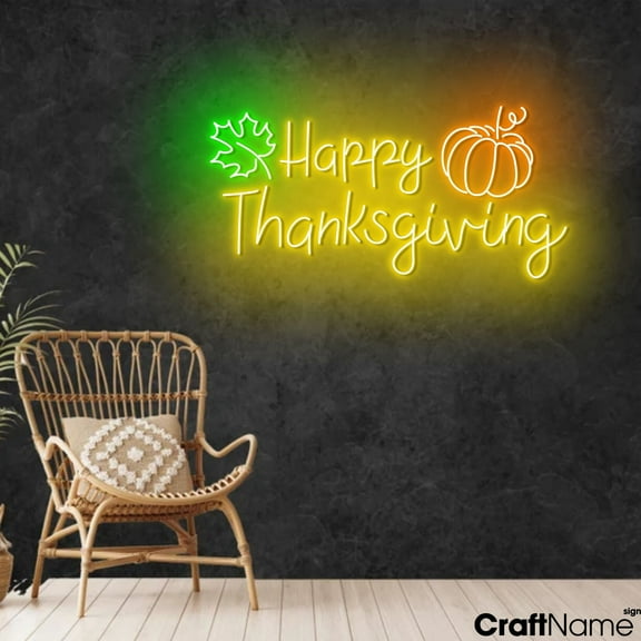 Craftnamesign Happy Thanksgiving Neon Sign, Pumpkin LED Light, Fall LED Sign Wall Decor