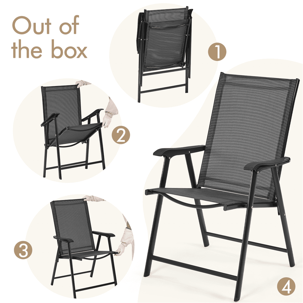 Renwick Outdoor Texteline Folding Dining Chairs with Backrest, Set of 4, Black