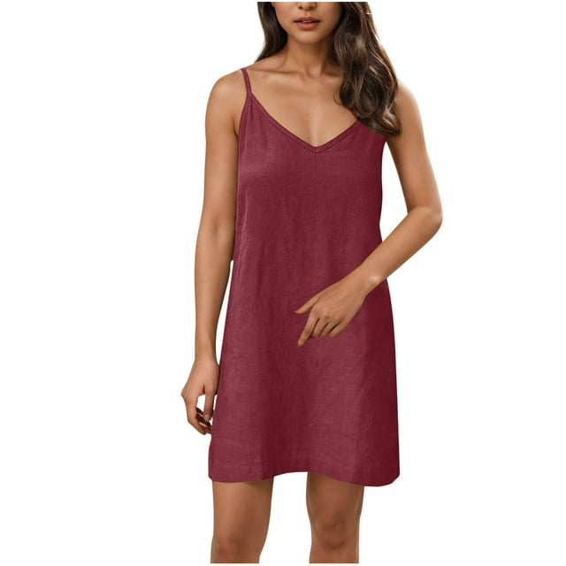 JGGSPWM Robe de Nuit Midi Sans Manches pour Femmes en Coton et Lin à Bretelles Spaghetti, Col en V, avec Poches, Robe de Sommeil Bordeaux m