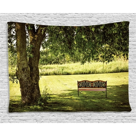 Home Decor Branch Lights Farm House Decor Tapestry, Wooden Bench under Lush Shady Big Tree in the National Park Fresh Scenery, Wall Hanging for Bedroom Living Room Dorm Decor, 80W X 60L Inches, Green Brown, by Ambesonne ()