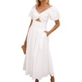 thumbnail image 3 of Women'S Summer Boho Maxi Dress V-Neck Cute Bubble Short Sleeve A-Line Long Dress with Pocket White XL, 3 of 10