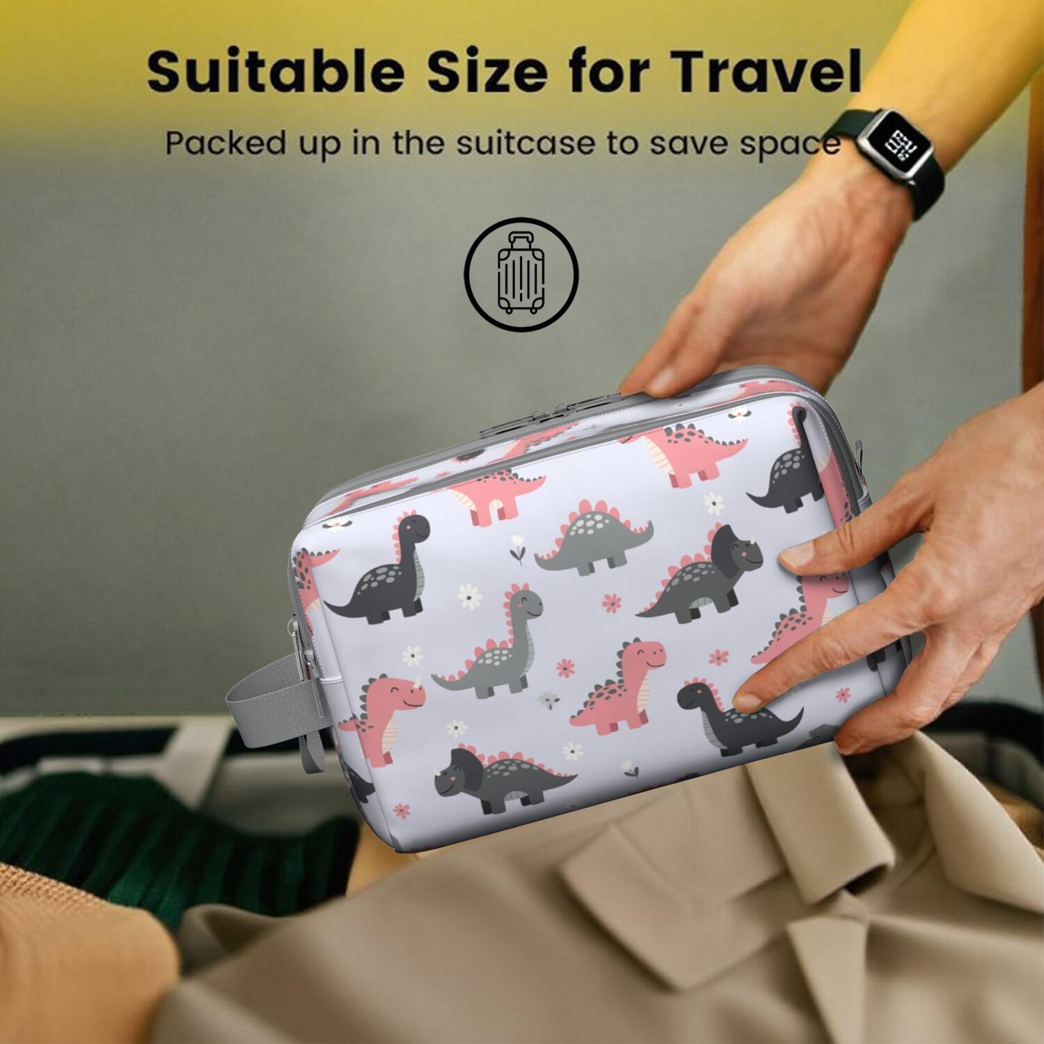 Toiletries Bag,Cartoon Dinosaurs Flowers Pattern Mens Womens Toiletry Bag Bathroom Bag,Waterproof Toiletry Travel Bag Dopp Kit Shaving Bag 11x6.3x5.1 Inch