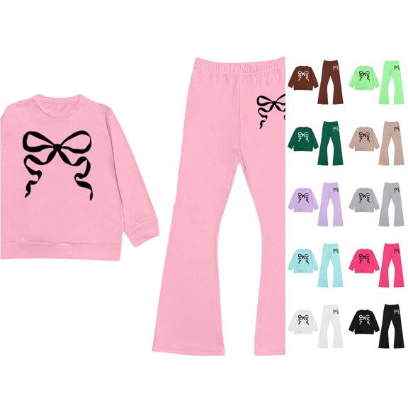 WAYUTE Toddler Girls Fall Outfits Bow Graphic Print Long Sleeve Pullover and Flare Pants Kids 2 Piece Soft Fashion Streetwear Clothes Sets Casual Daily Wear,Pink,Size 7-8 Y